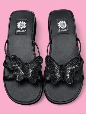 Vintage Yellow Box Black Sequin Butterfly Platform Sandals Size 7